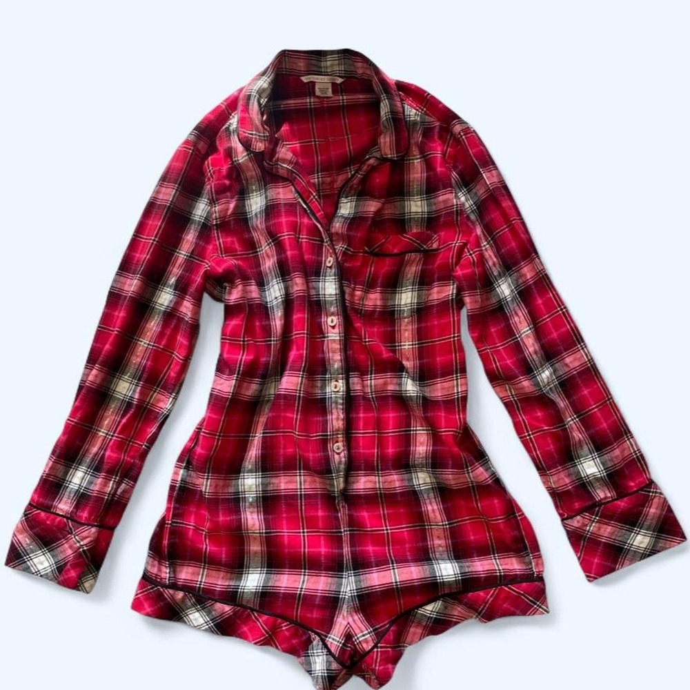 Cotton red plaid longsleeve pajama romper size S by Victoria's Secret